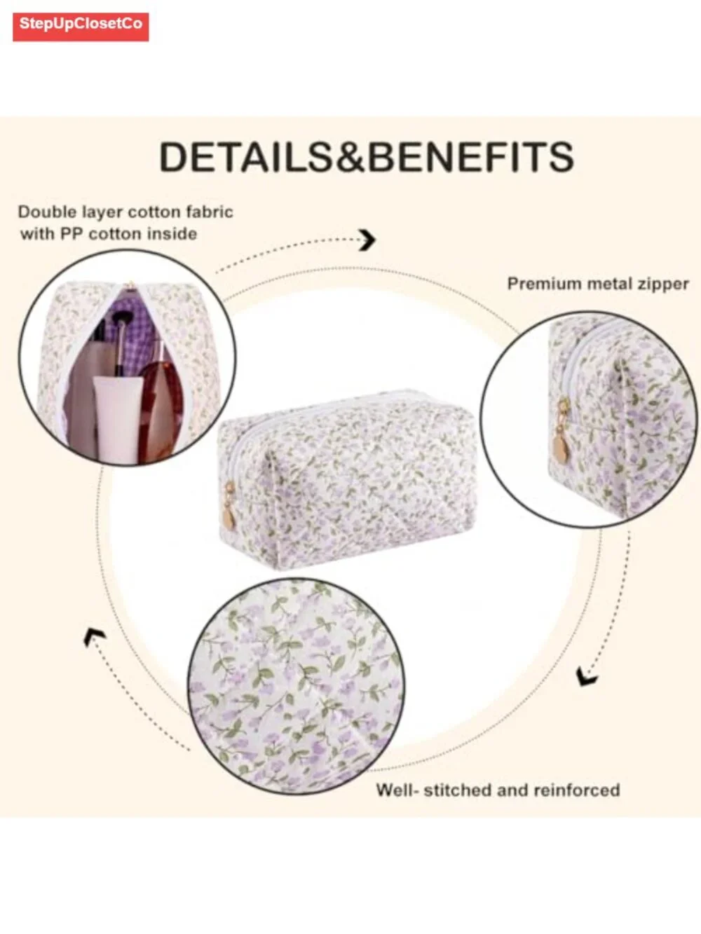 Quilted Cotton Floral Cosmetic Bag Small Travel Toiletry Pouch